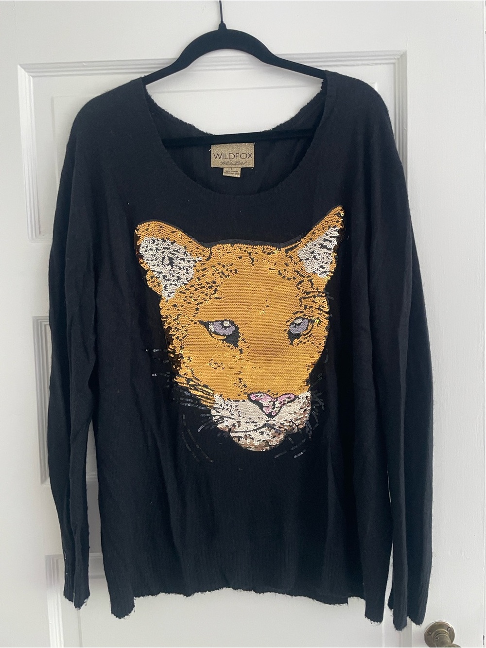 Wildfox Black Sweater with Gold Sequin Panther Face